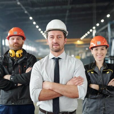 Young foreman in formalwear and hardhat and his two confident subordinates in workwear standing in front of camera